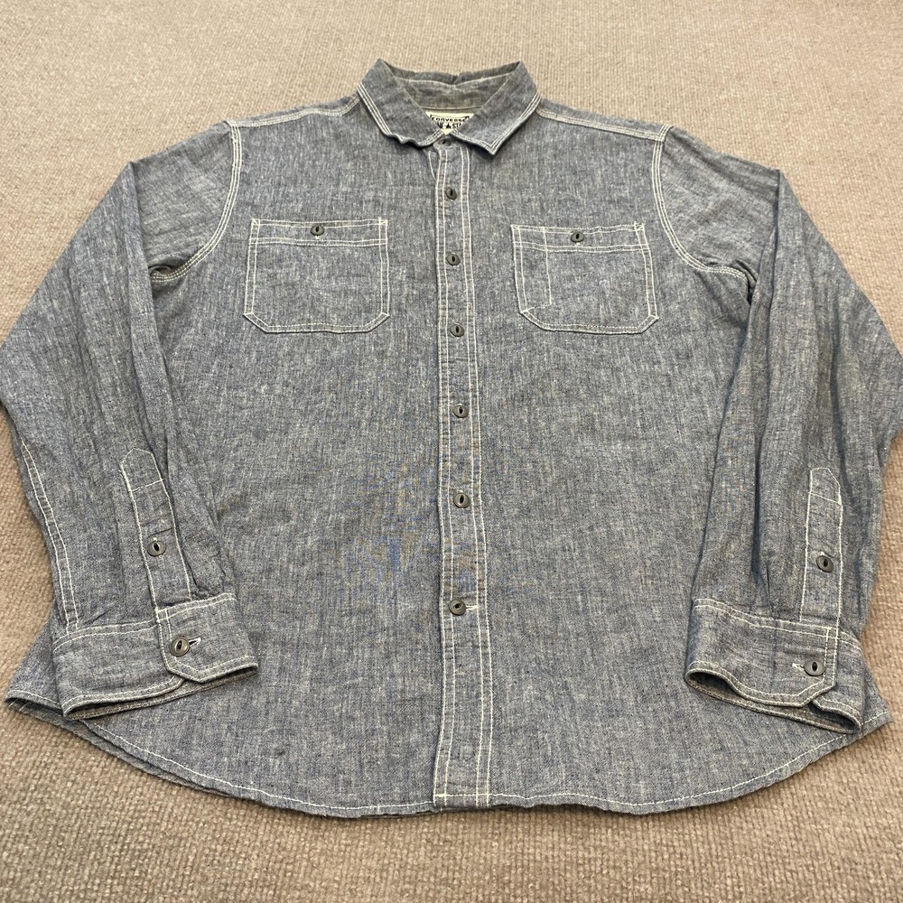 Converse One Star Shirt Mens Medium Blue Chambray Linen Cotton Long Sleeve